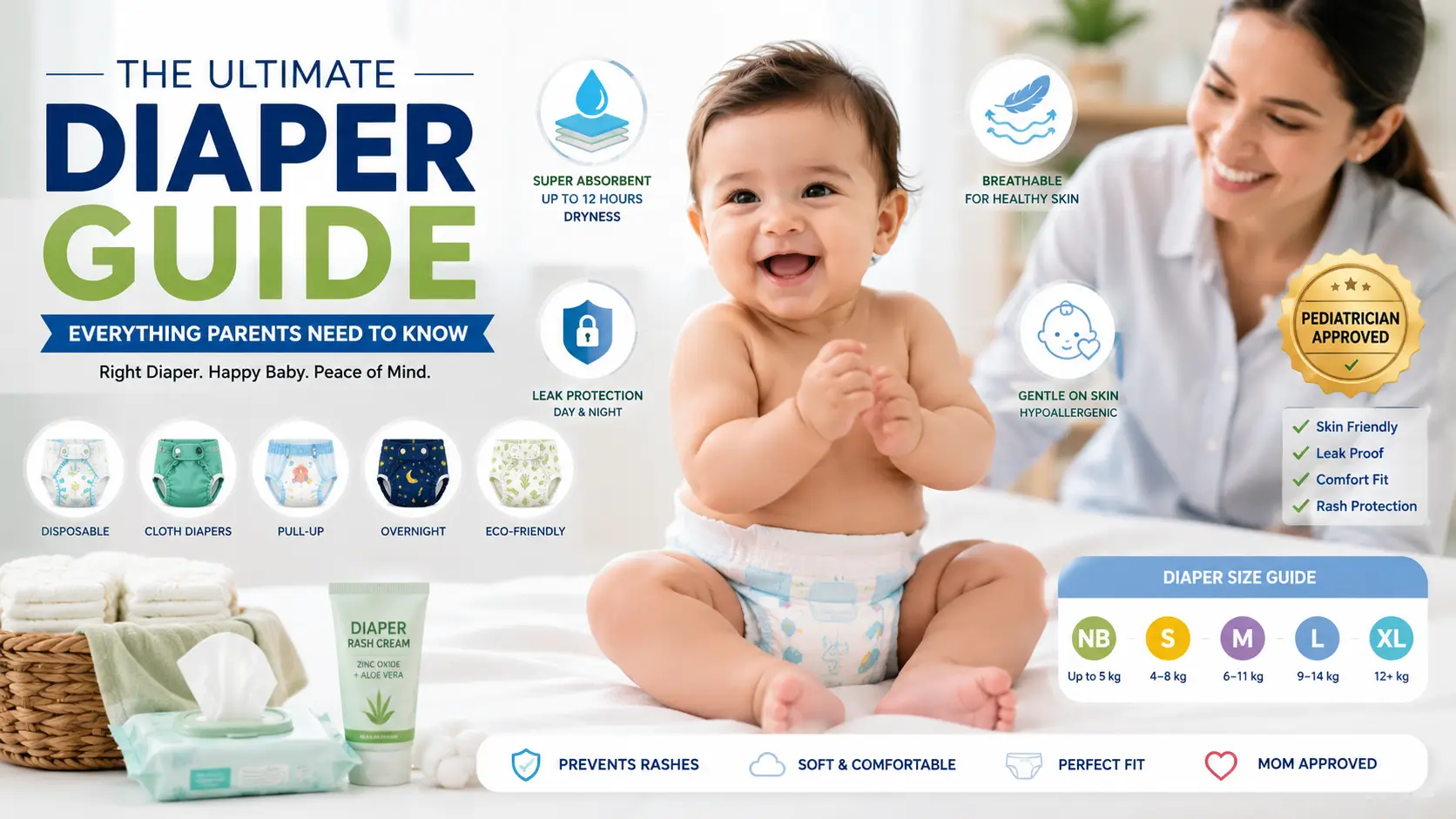 how to choose diapers — a calm, well-rested baby on a clean white changing mat representing dry and comfortable skin from correct diaper selection