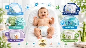 how to choose diapers by type — six-panel guide showing disposable, cloth, pull-up, swim, overnight, and eco diaper types with descriptions and ideal use cases