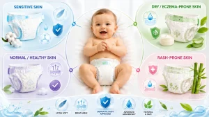 how to choose diapers by skin type — four-panel infographic showing sensitive, eczema-prone, normal, and rash-prone baby skin types with recommended diaper approaches
