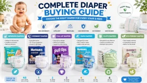 how to choose diapers by size — diaper size chart showing sizes NB through 6 with baby weight ranges, typical age ranges, and a body silhouette for each stage