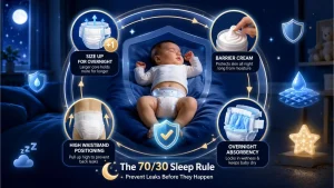 best overnight diapers fit guide — diagram showing correct diaper back waistband height versus too-low incorrect positioning for leak prevention
