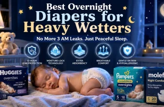 best overnight diapers for heavy wetters — three overnight diaper packages on a dark navy background showing Huggies Overnites, Pampers Swaddlers Overnights, and Molefi Night Comfort for product comparison
