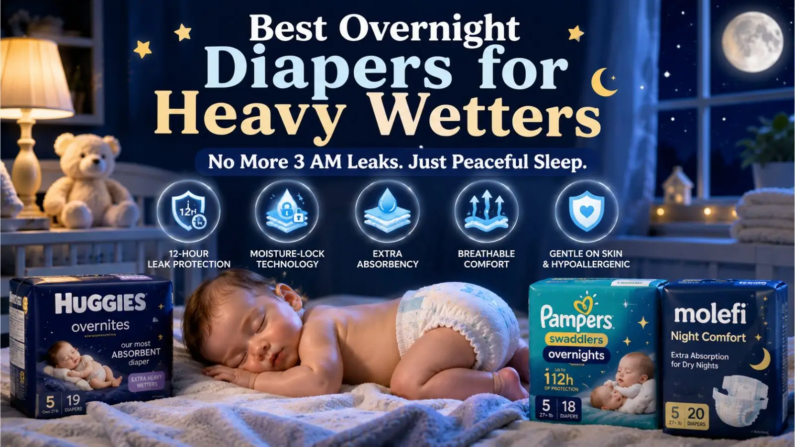 best overnight diapers for heavy wetters — three overnight diaper packages on a dark navy background showing Huggies Overnites, Pampers Swaddlers Overnights, and Molefi Night Comfort for product comparison