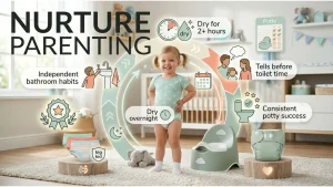 when to stop using diapers daytime signs — three-panel infographic showing dry periods, advance toilet announcements, and consistent potty success rate as readiness indicators