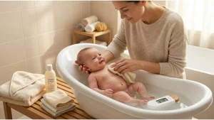 how to bathe a newborn safely in a tub — parent supporting newborn's head and neck during a full immersion bath in a baby bath tub