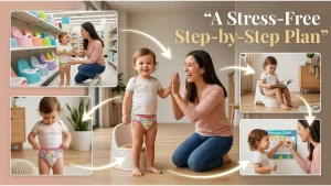 when to start potty training readiness signs — four-panel infographic showing dry periods, discomfort with dirty diapers, bathroom curiosity, and instruction-following ability