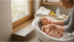 how to bathe your baby — calm newborn in a soft baby bath tub with warm water and gentle natural light, representing a safe and comfortable bath time