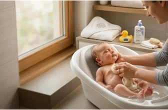 how to bathe your baby — calm newborn in a soft baby bath tub with warm water and gentle natural light, representing a safe and comfortable bath time