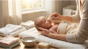 how to bathe a newborn safely — parent gently sponge bathing a newborn with a soft washcloth while supporting the head and neck