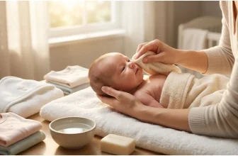 how to bathe a newborn safely — parent gently sponge bathing a newborn with a soft washcloth while supporting the head and neck