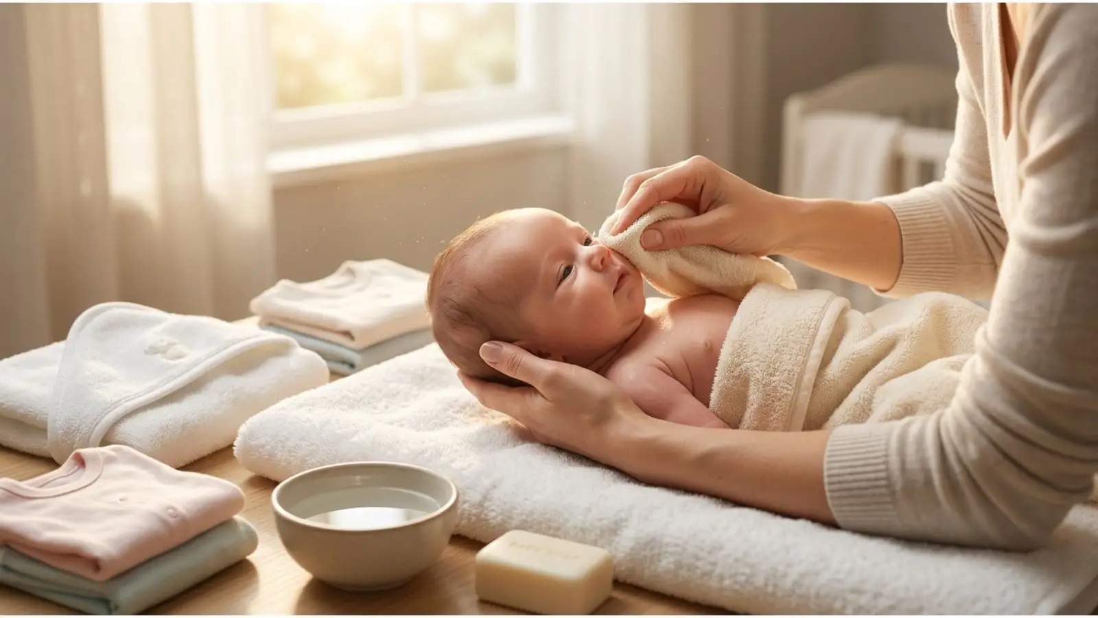 how to bathe a newborn safely — parent gently sponge bathing a newborn with a soft washcloth while supporting the head and neck