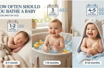 How often should you bathe a baby — calendar style graphic showing recommended bathing frequency for newborns, infants, and older babies by week