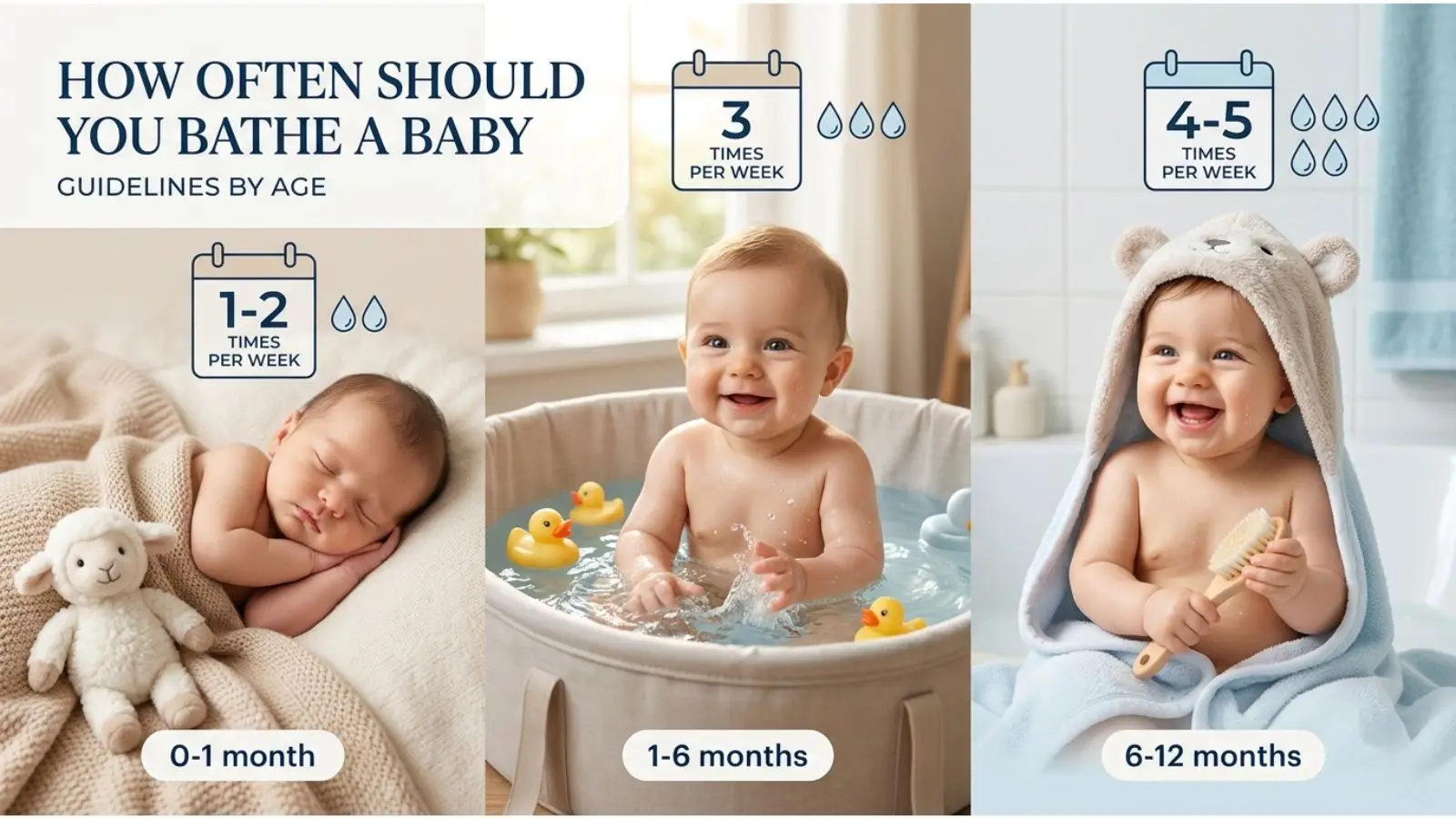 How often should you bathe a baby — calendar style graphic showing recommended bathing frequency for newborns, infants, and older babies by week