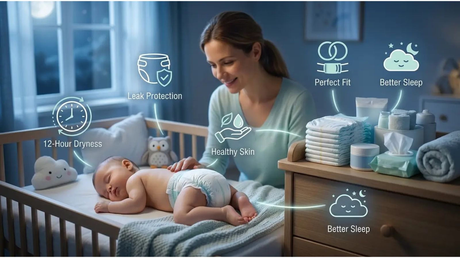 nighttime diapering routine — serene nursery with an overnight diaper, barrier cream, and a sleeping baby in the crib representing a correct bedtime diapering system