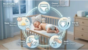 nighttime diapering routine step 1 — overnight diaper with larger core and double leg cuffs shown beside a standard daytime diaper to illustrate the size and capacity difference