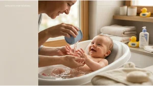 how to bathe your baby with the right products — gentle fragrance-free baby soap and shampoo bottles arranged beside a soft baby washcloth