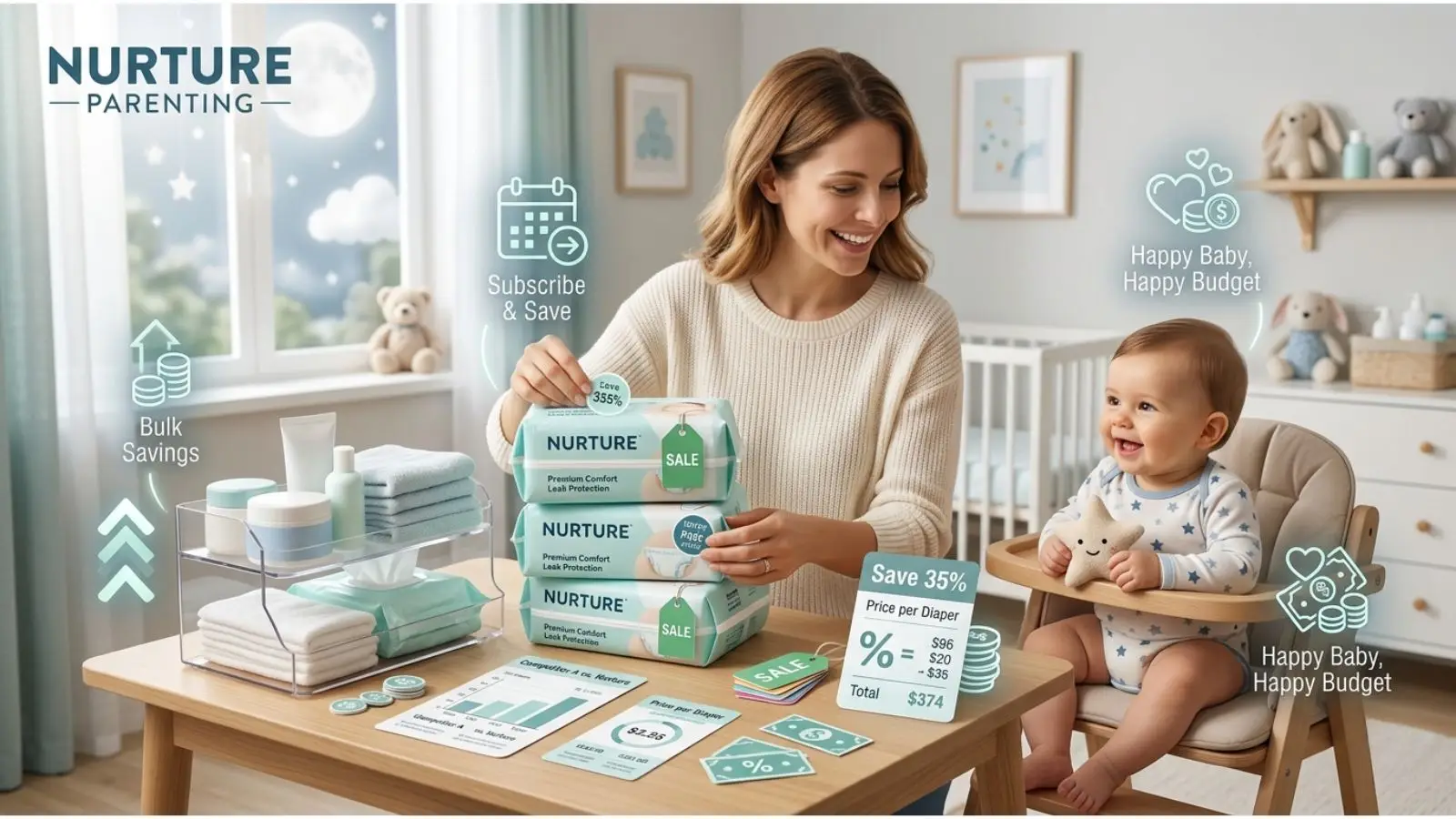 how to save money on diapers — flat lay showing diaper packs of different sizes with price comparison tags illustrating bulk savings versus single-pack pricing