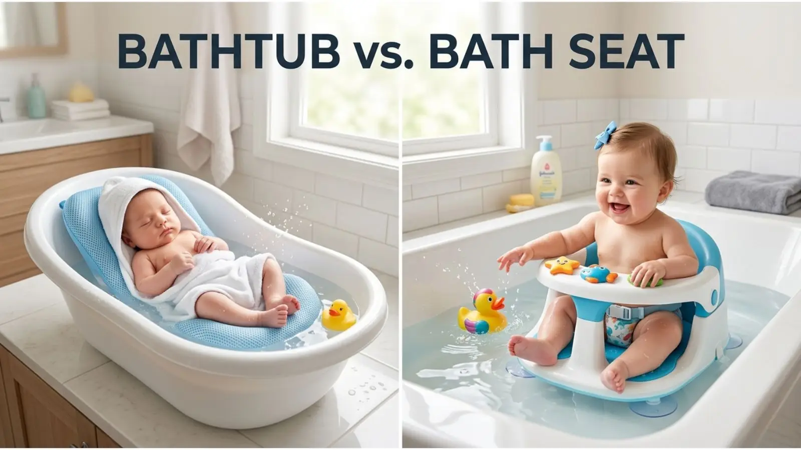 bath tub vs bath seat comparison — baby bath tub and baby bath seat shown side by side to illustrate the difference between the two products