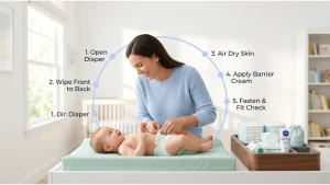 how to change a diaper — organised diaper changing station with clean diaper, wipes, barrier cream, and disposal bag arranged within arm's reach on a changing mat