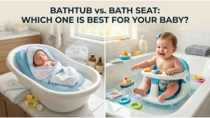bath tub vs bath seat safety — close-up of a bath seat's suction base and safety harness compared to a baby bath tub