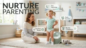 when to stop using diapers — happy toddler in underwear standing confidently next to a small potty chair representing the milestone of completing toilet training