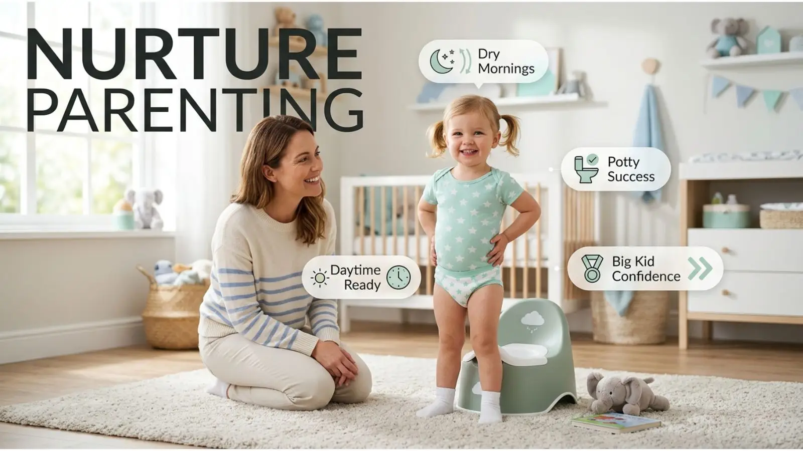when to stop using diapers — happy toddler in underwear standing confidently next to a small potty chair representing the milestone of completing toilet training
