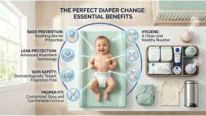 how to change a diaper preparation — clean diaper, fragrance-free wipes, zinc oxide cream, and disposal bag laid out in order on a clean white changing mat