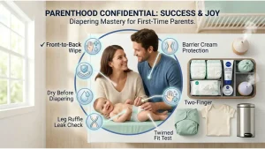 how to change a diaper step by step — five-panel illustrated guide showing opening tabs, lifting baby, wiping front to back, applying barrier cream, and fastening the clean diaper