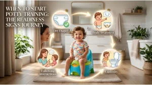 when to start potty training — toddler sitting on a colourful potty chair smiling in a bright, cheerful bathroom setting