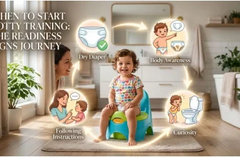 when to start potty training — toddler sitting on a colourful potty chair smiling in a bright, cheerful bathroom setting