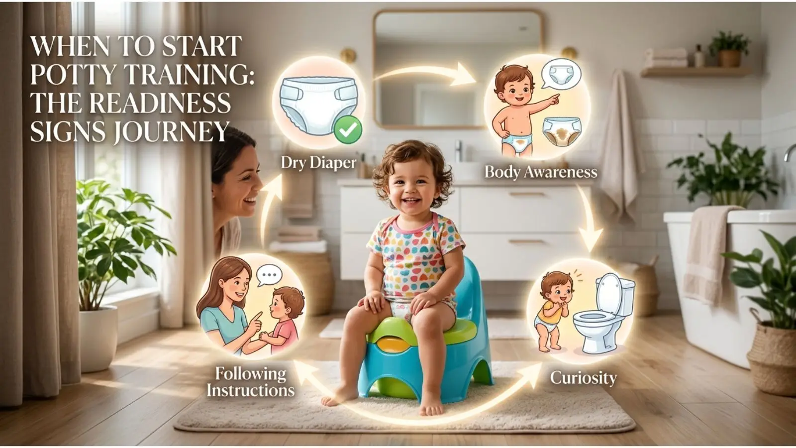 when to start potty training — toddler sitting on a colourful potty chair smiling in a bright, cheerful bathroom setting